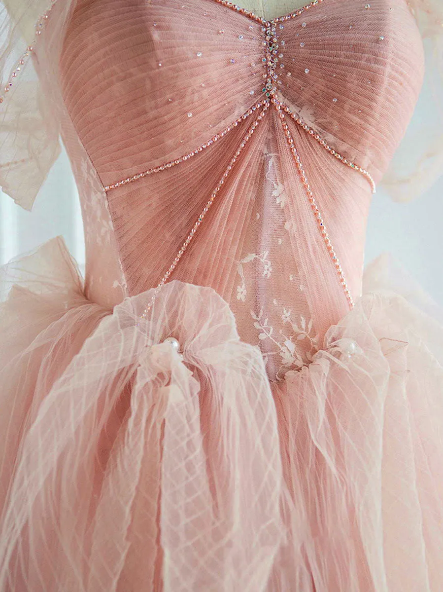 Pink Sweetheart Neck Tulle Long Prom Dress, Pink Sweet 16 Dress