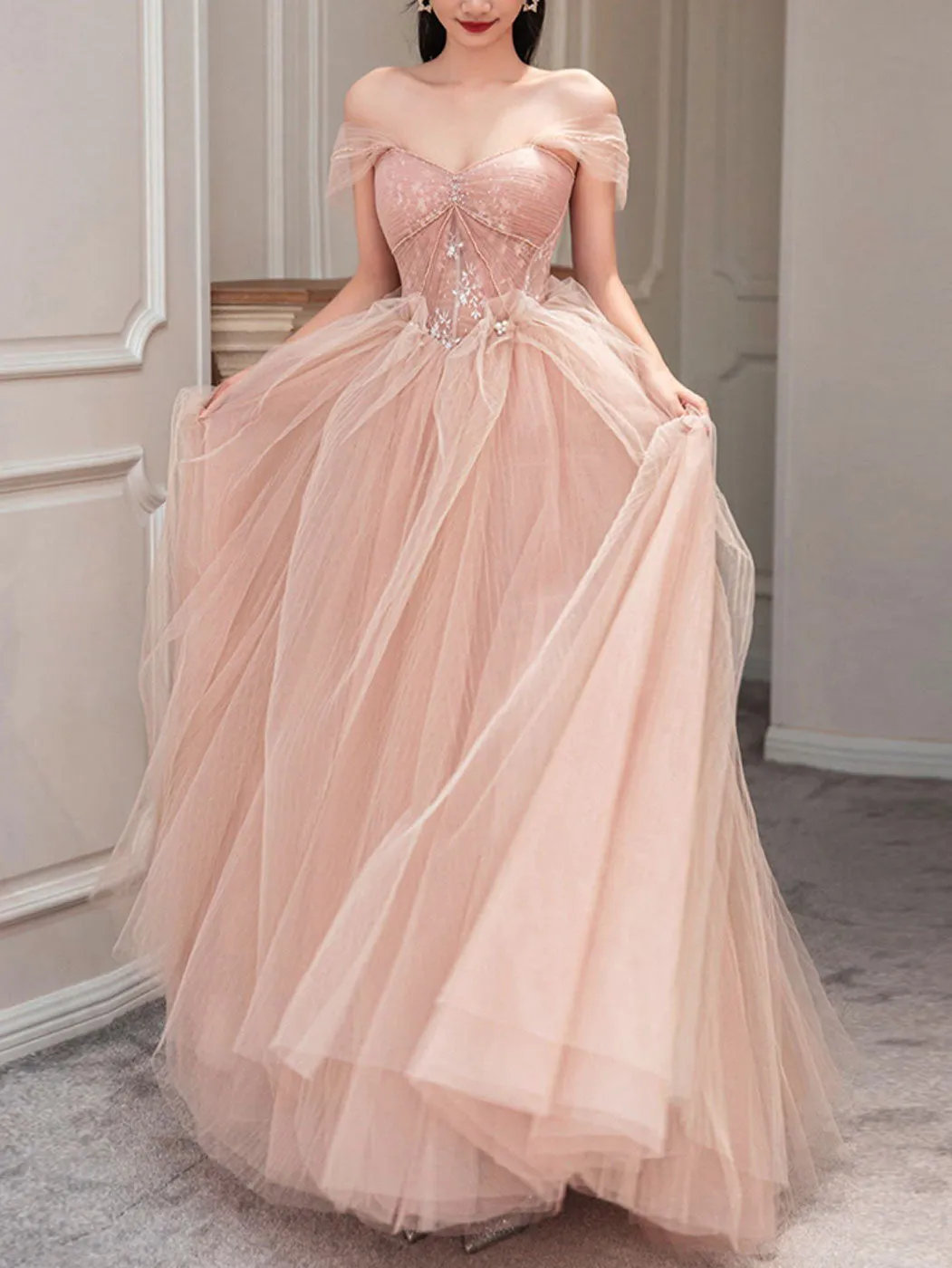 Pink Sweetheart Neck Tulle Long Prom Dress, Pink Sweet 16 Dress