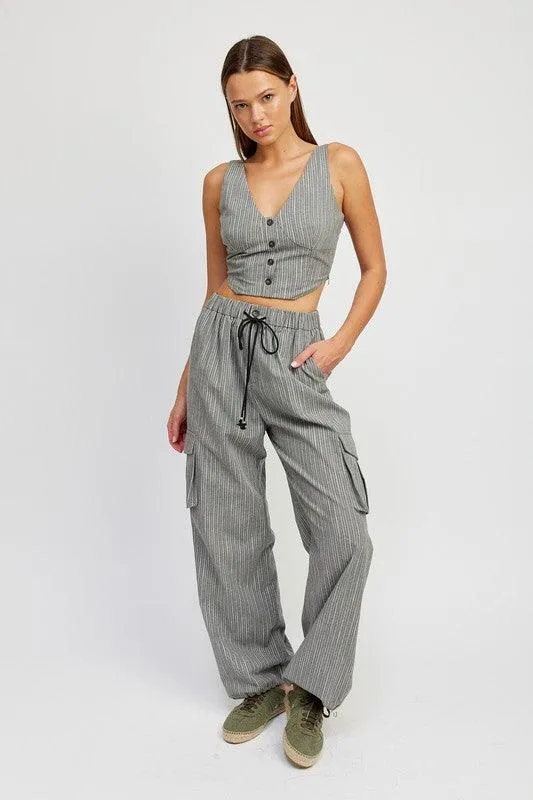 Pinstripe Cargo Pants With Waist Drawstring