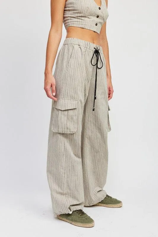 Pinstripe Cargo Pants With Waist Drawstring