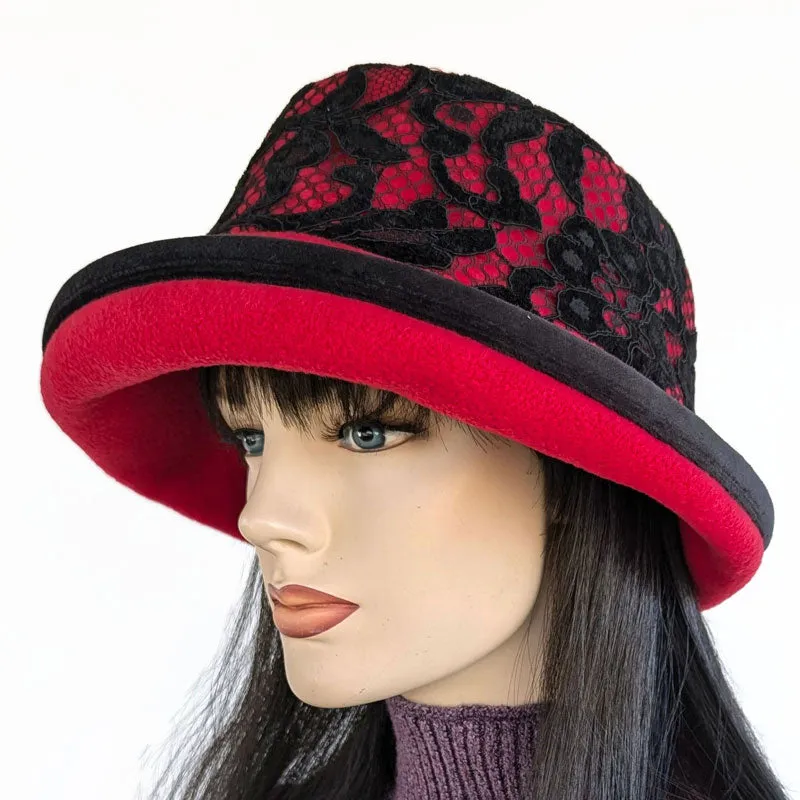 Premium Winter Fashion Hat with velvet trim, red with black velvet lace band trim