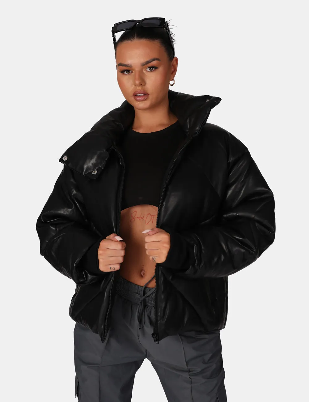 Pu Quilted Puffer Jacket Black