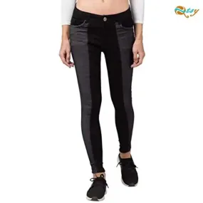 Qtsy Women's Slim Fit Jeans Washed Dual Tone Color Denim Black