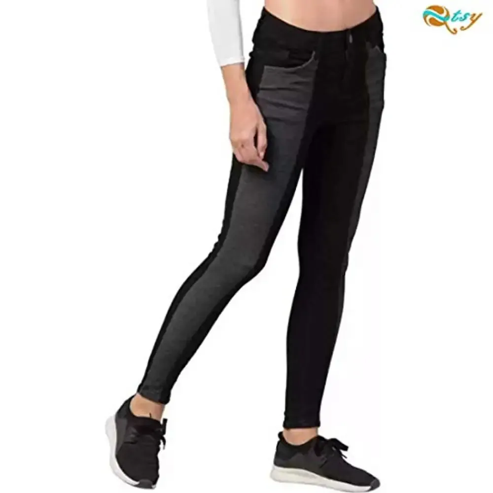 Qtsy Women's Slim Fit Jeans Washed Dual Tone Color Denim Black