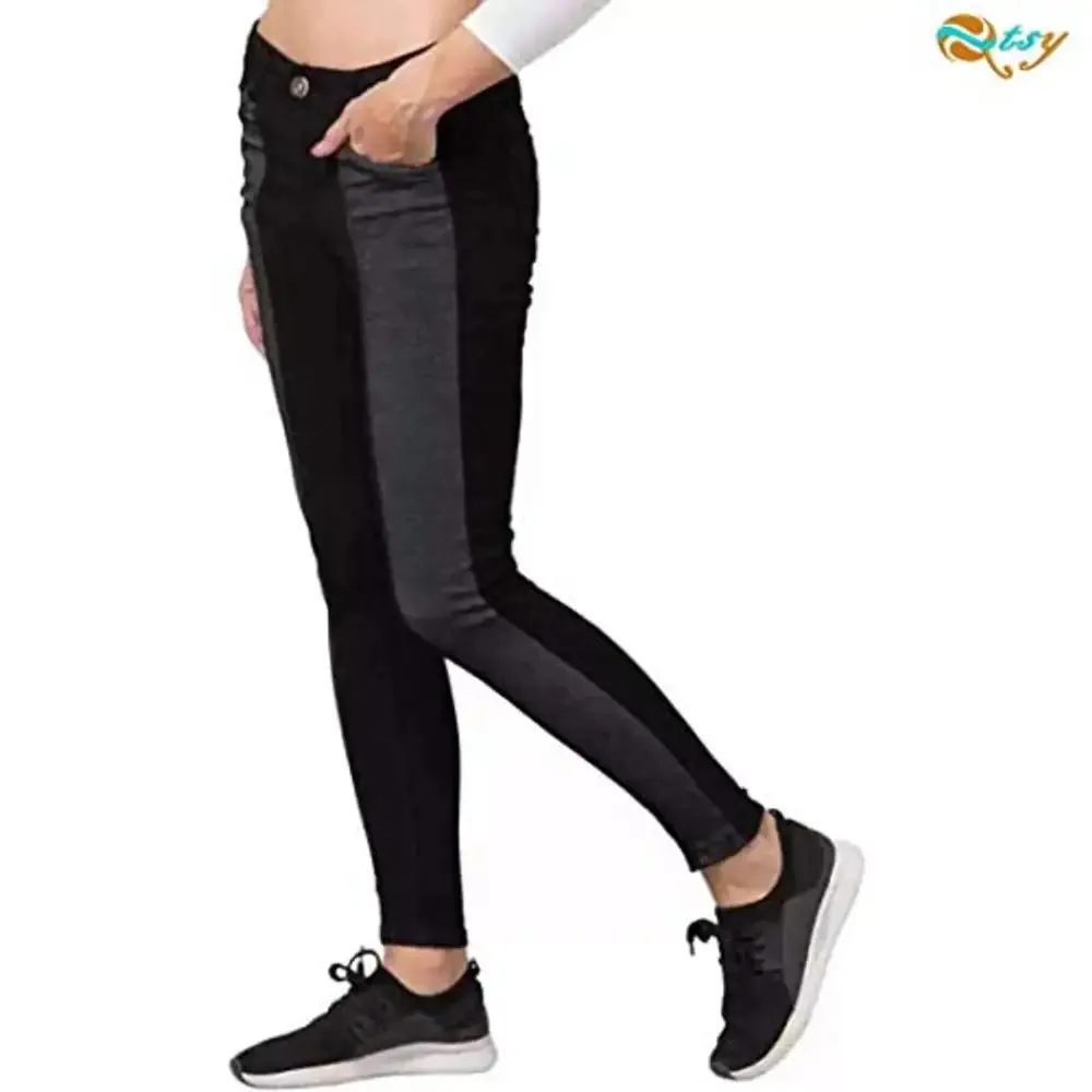 Qtsy Women's Slim Fit Jeans Washed Dual Tone Color Denim Black