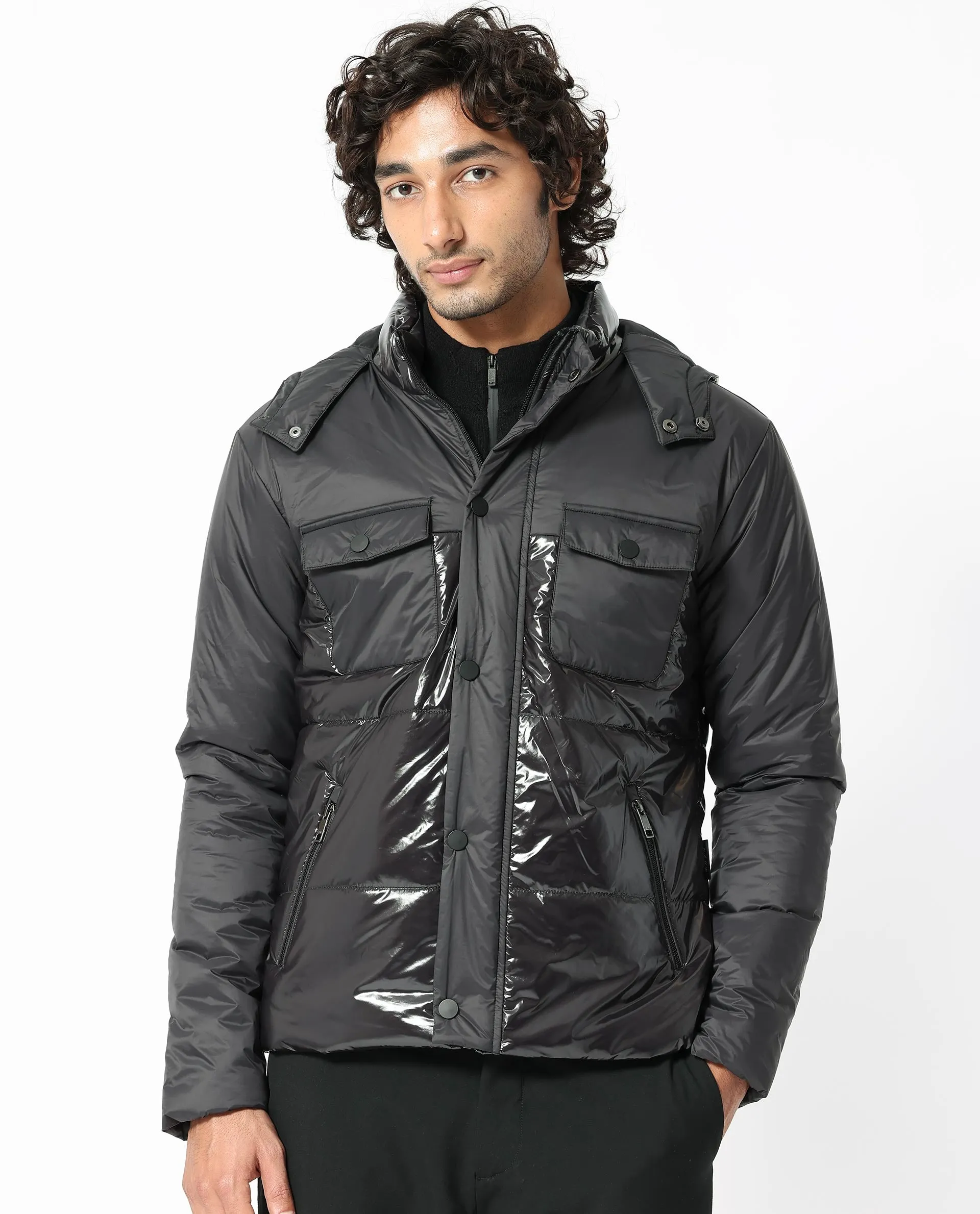 Rare Rabbit Men's Ragon Black Two-Tone With Detachable Hood Metallic Jacket