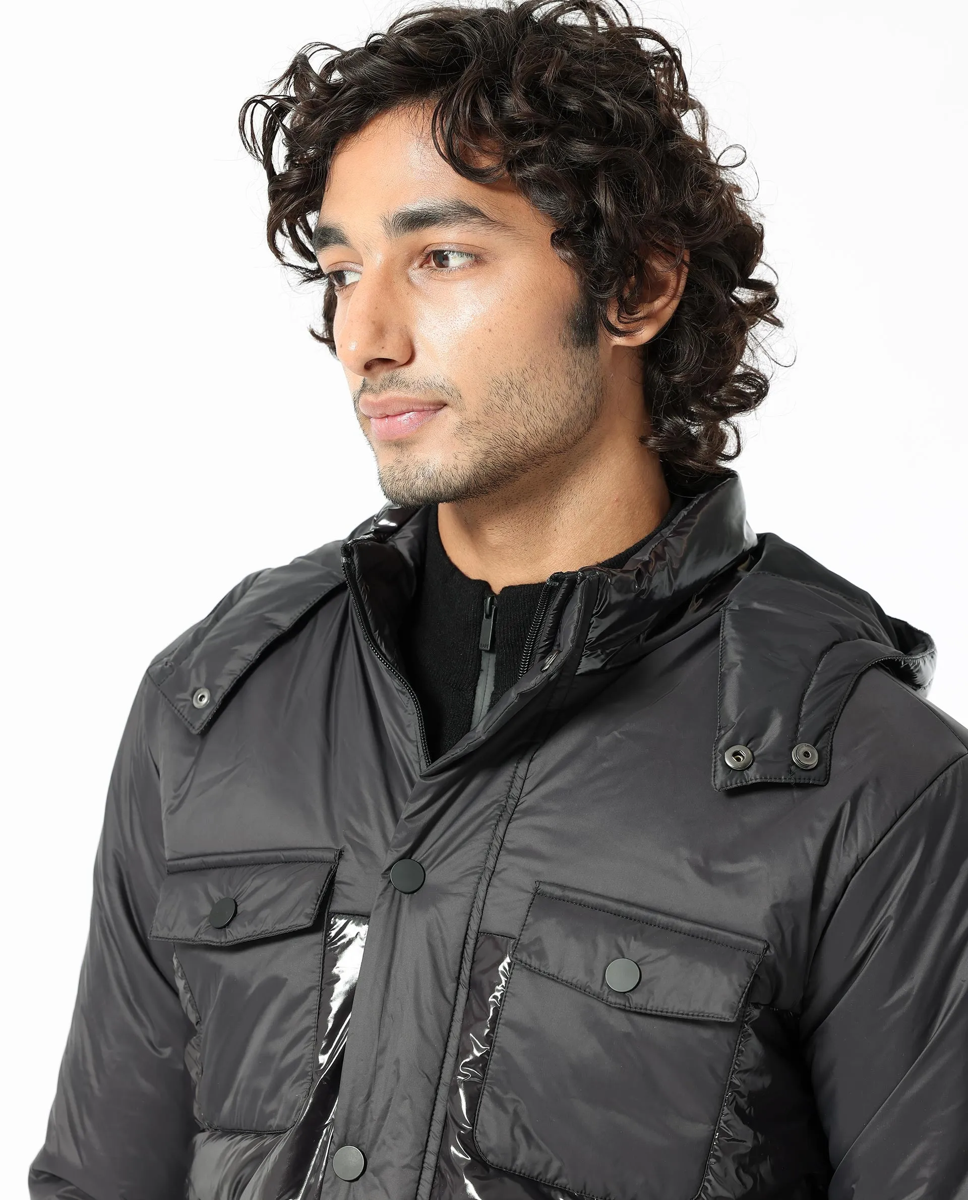 Rare Rabbit Men's Ragon Black Two-Tone With Detachable Hood Metallic Jacket