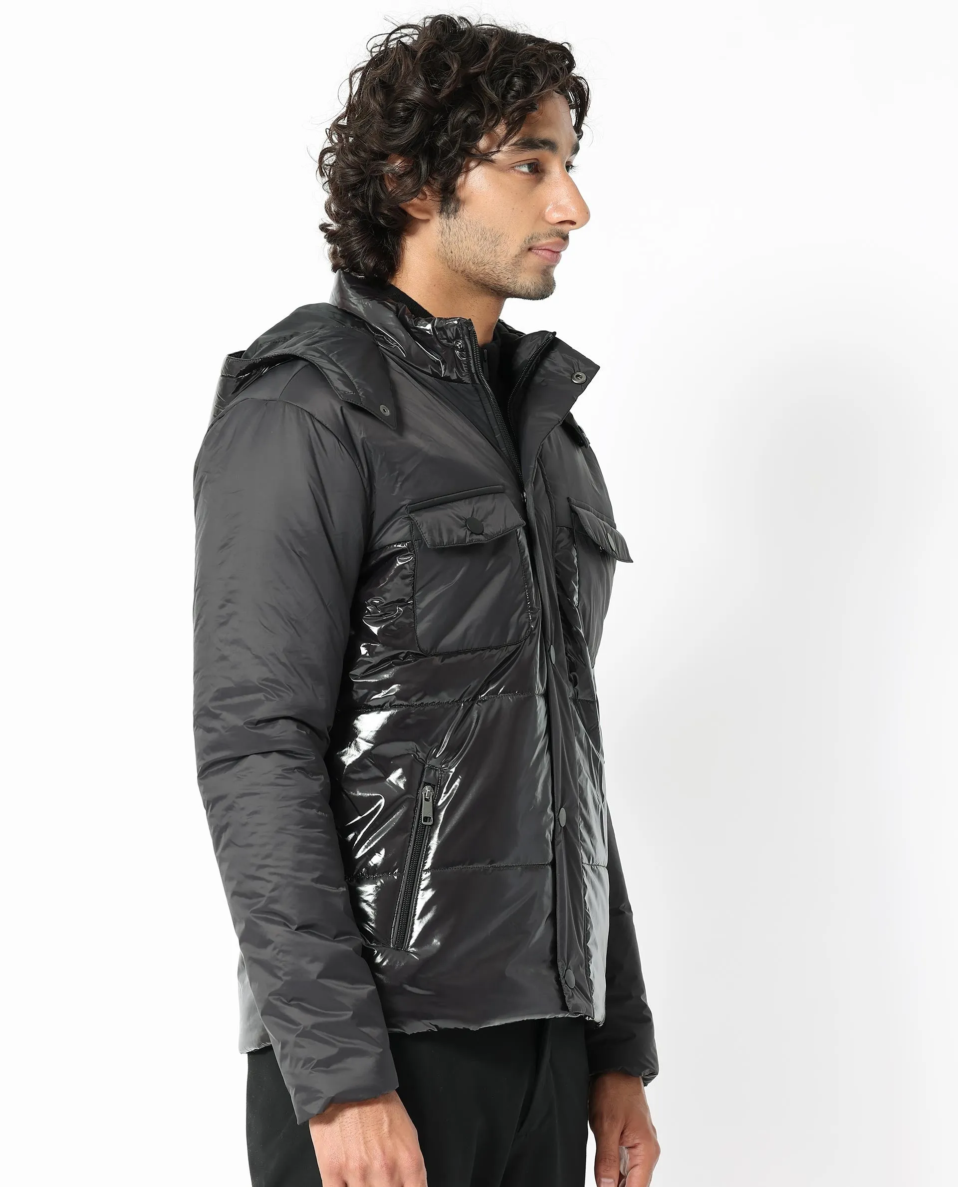 Rare Rabbit Men's Ragon Black Two-Tone With Detachable Hood Metallic Jacket