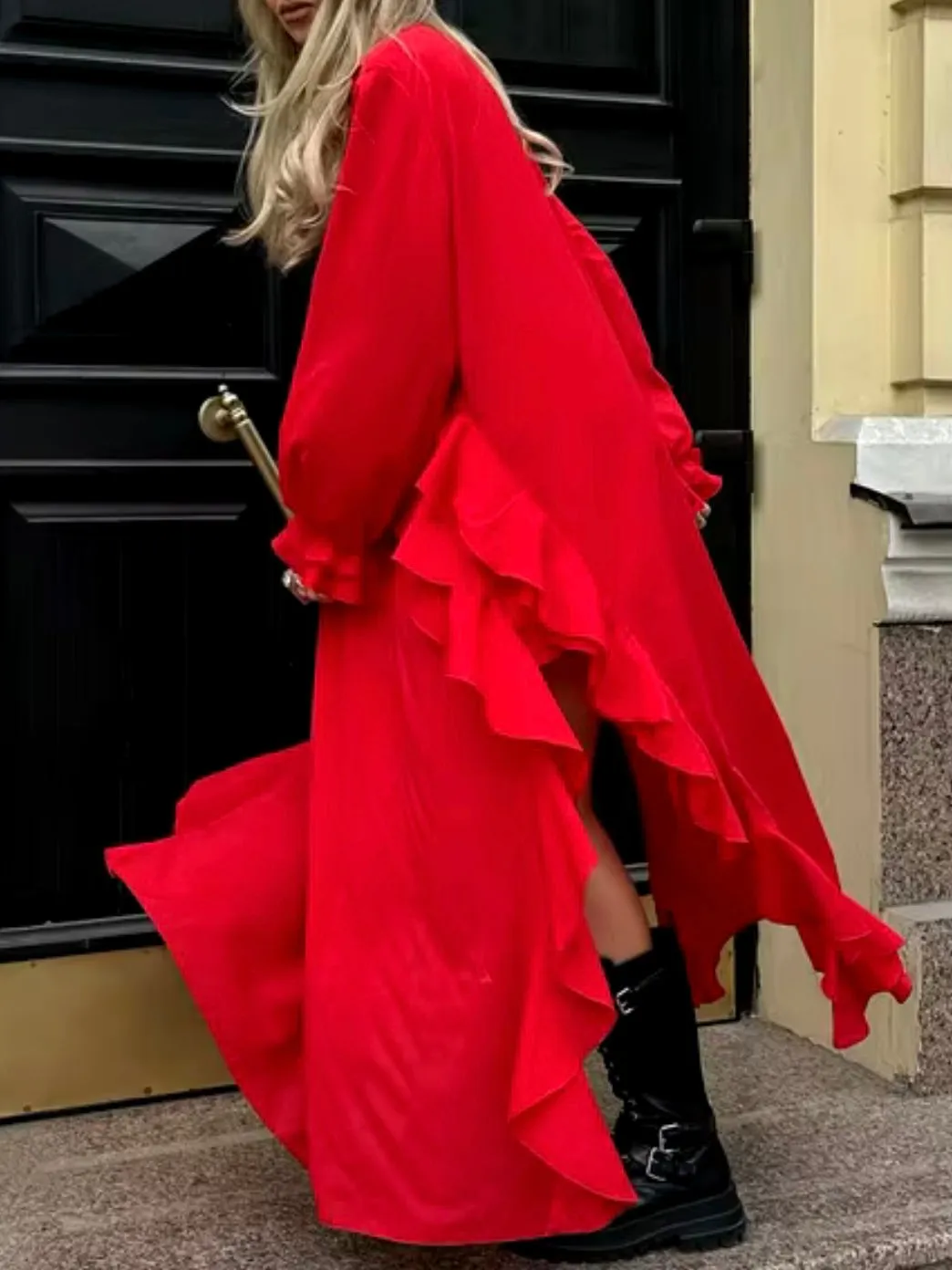 Red ruffle asymmetrical maxi dress