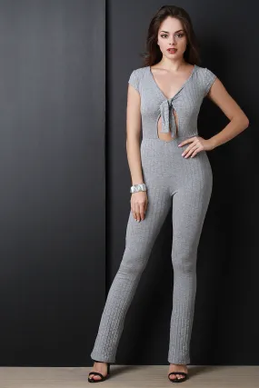 Ribbed Knit Self Tie Keyhole Jumpsuit