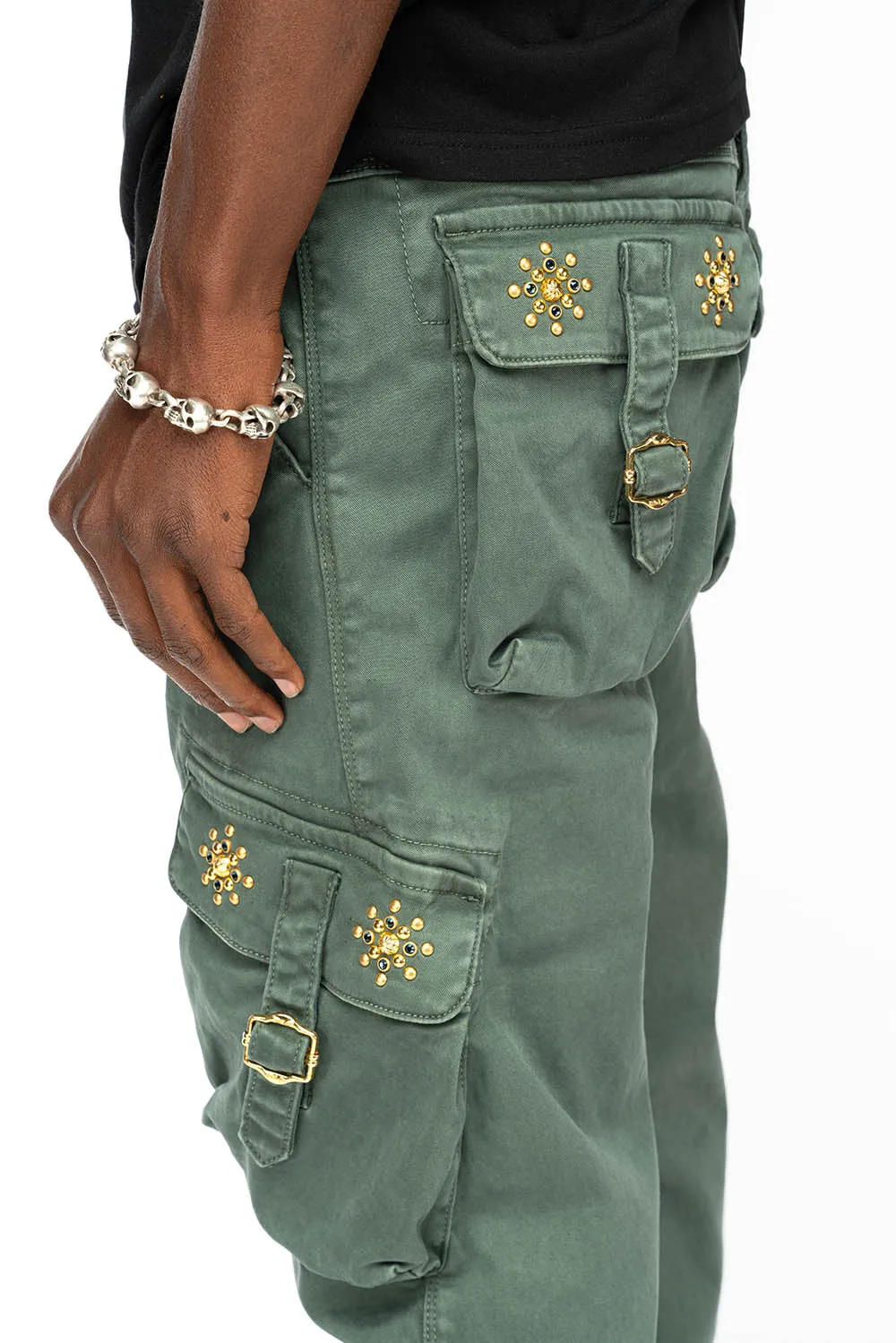 ROBINS NEW MILITARY STYLE CARGO PANTS IN FOREST WASH WITH GUNSLINGER CRYSTAL MOTIF