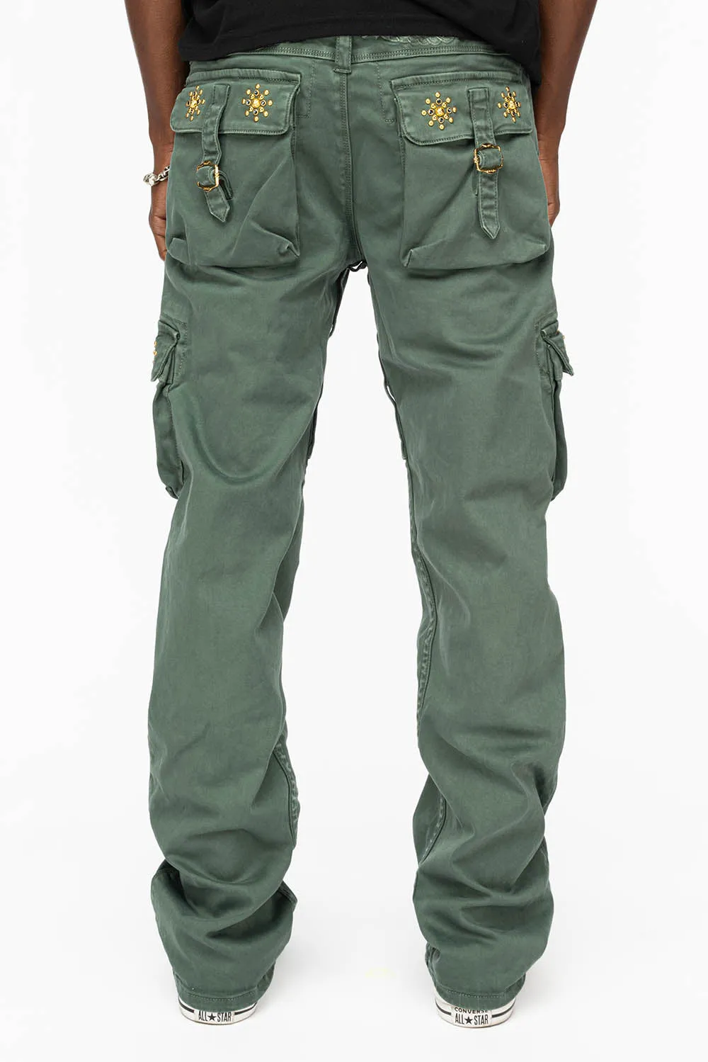 ROBINS NEW MILITARY STYLE CARGO PANTS IN FOREST WASH WITH GUNSLINGER CRYSTAL MOTIF