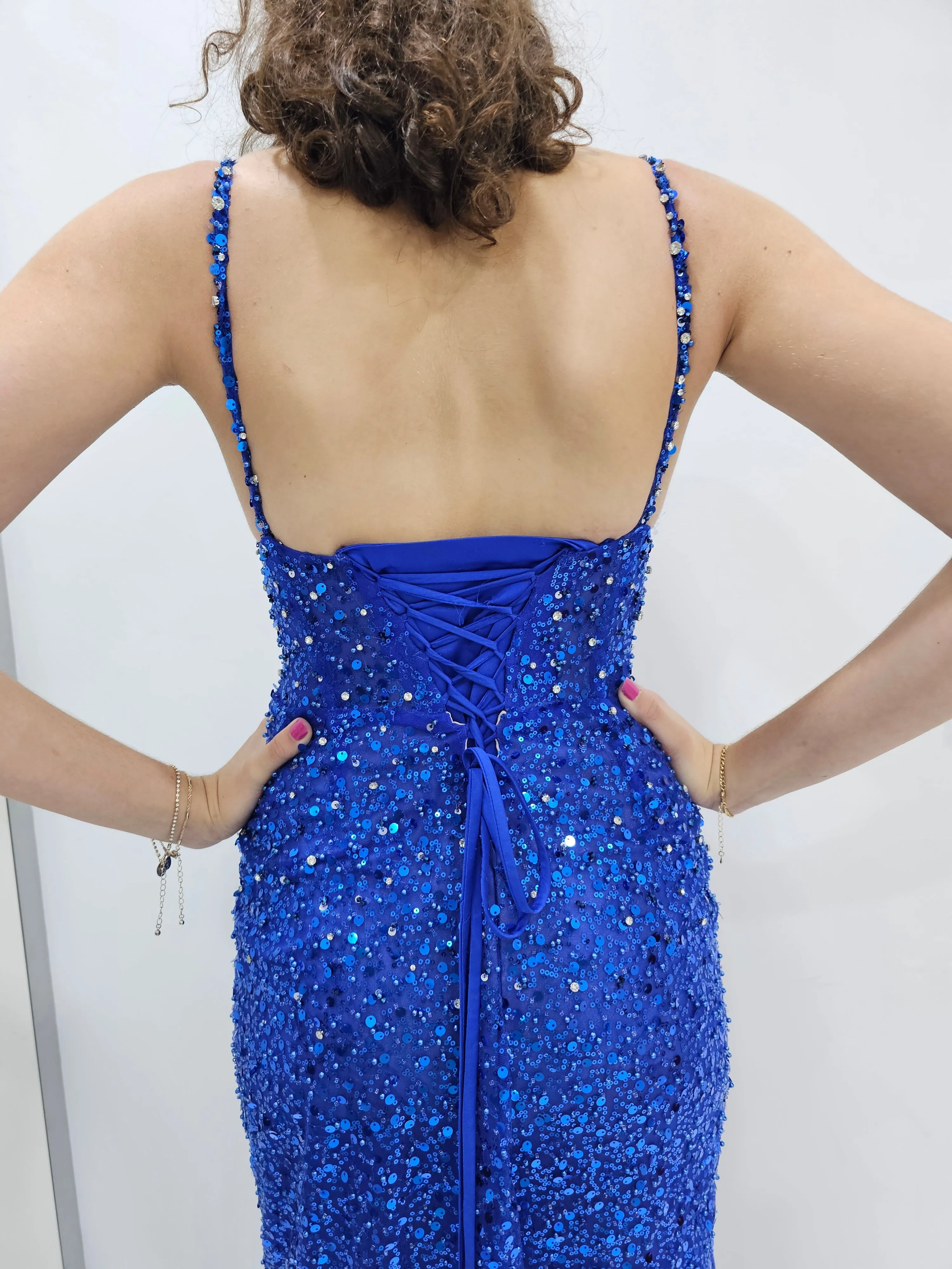 Royal blue beaded dress with corset top for hire