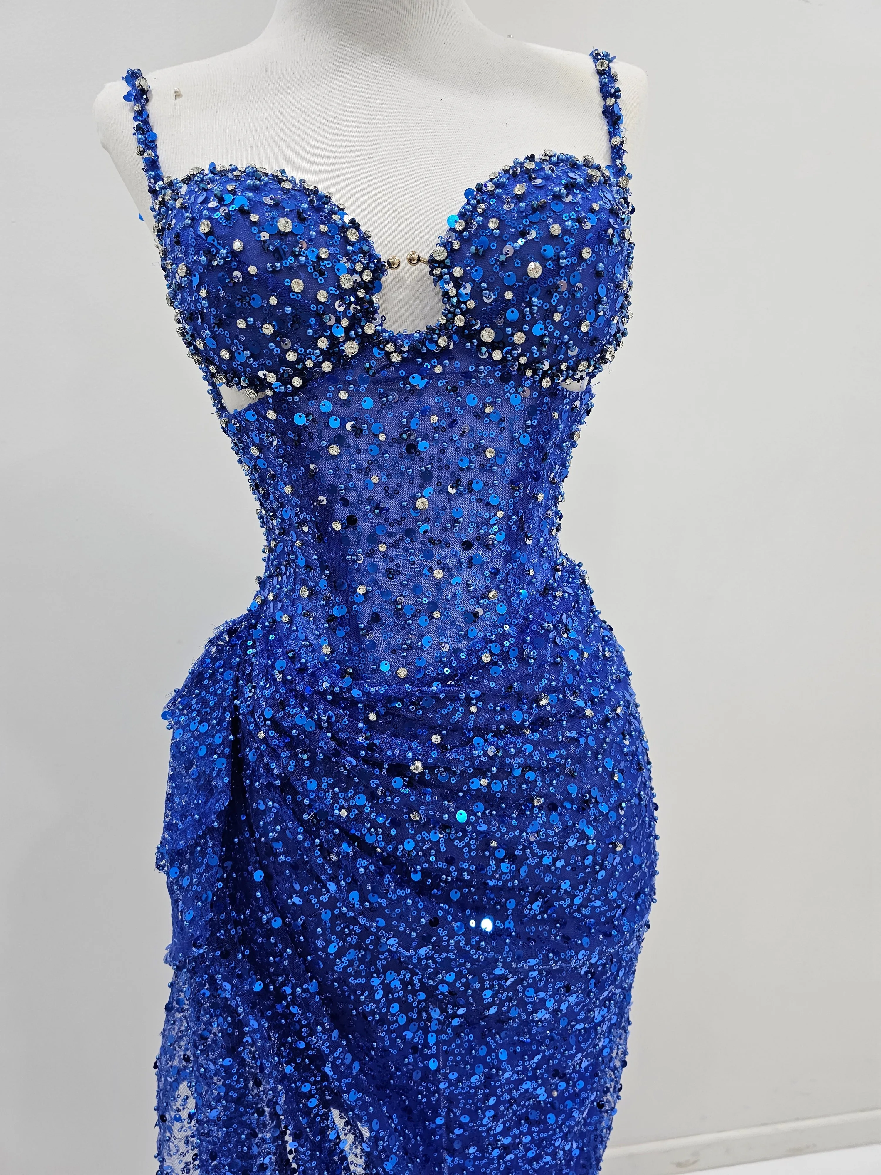 Royal blue beaded dress with corset top for hire