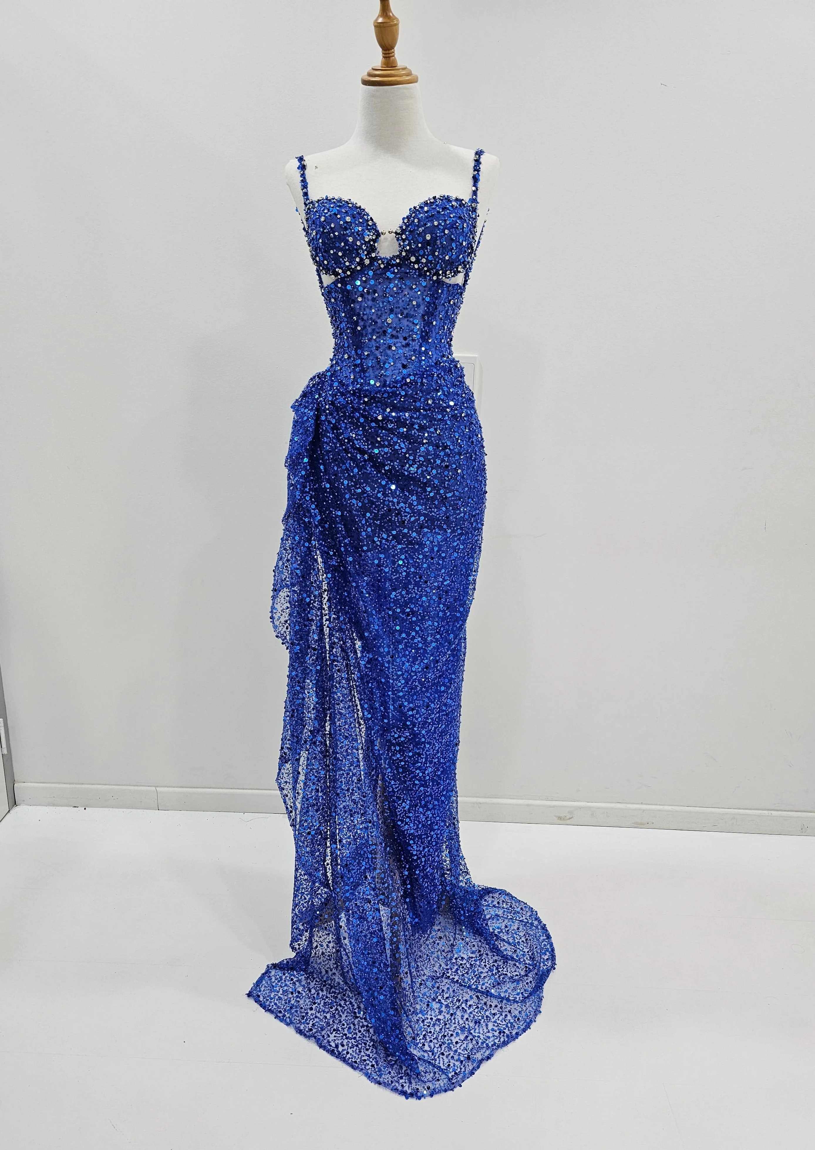 Royal blue beaded dress with corset top for hire