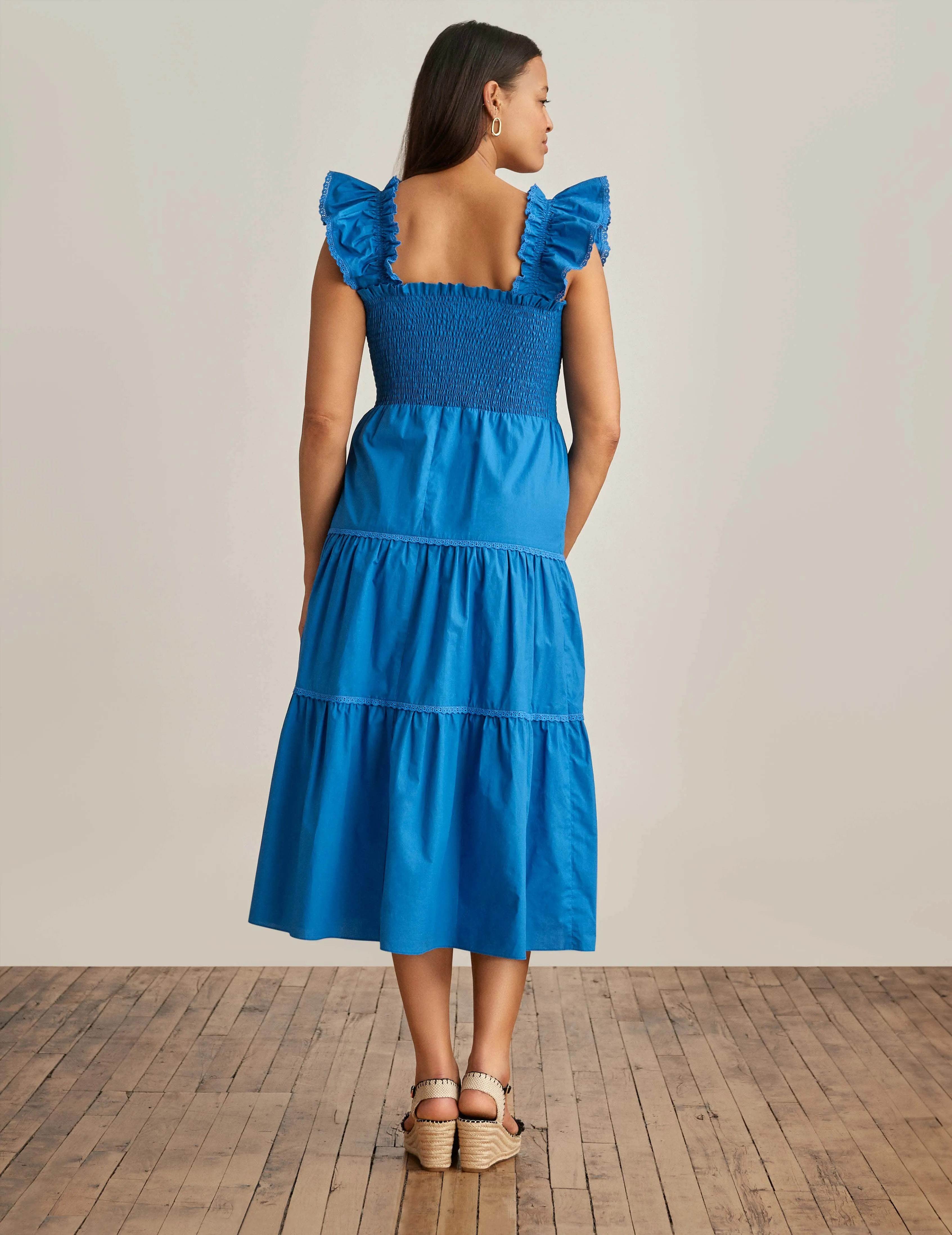 Smocked Ruffle Shoulder Tiered Midi Dress