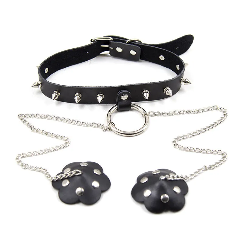 Spiked Bondage Collar with Studded Nipple Covers