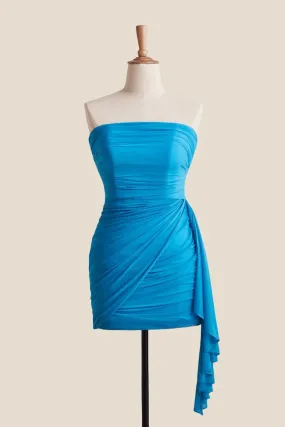 Strapless Blue Tight Short Dress with Shawl