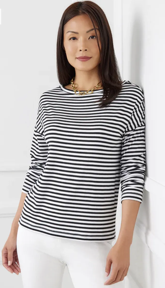 Stripe 3/4 Sleeve Boatneck Top