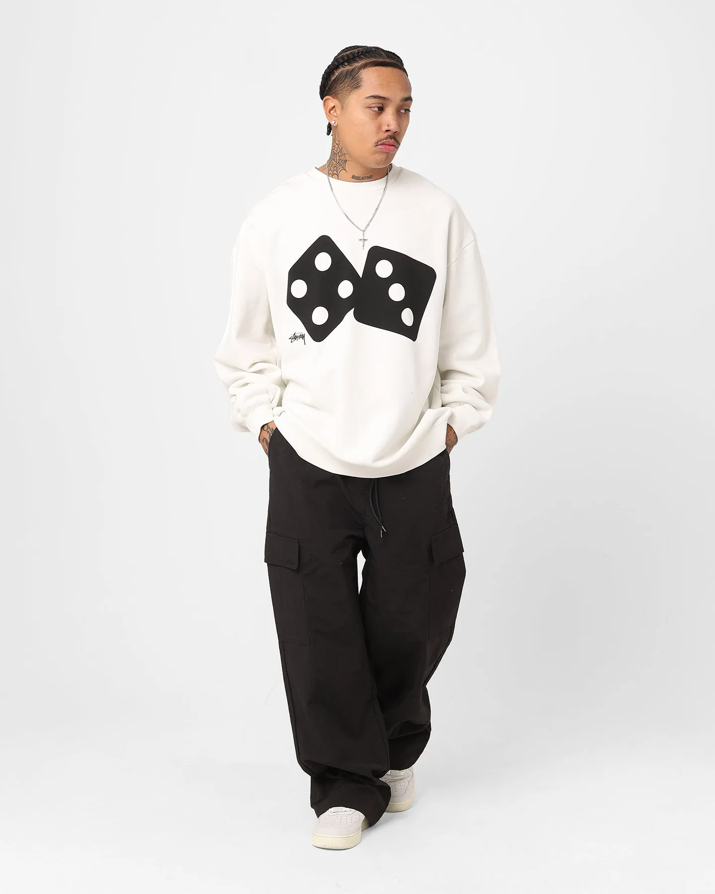 Stussy Two Dice 50-50 Crewneck Pigment White