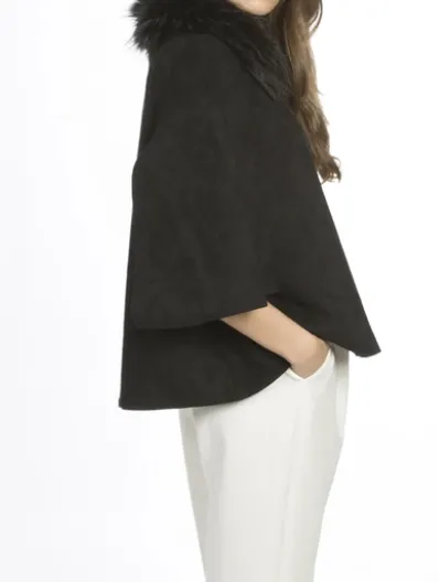 Suede Cape with Fox Fur Collar