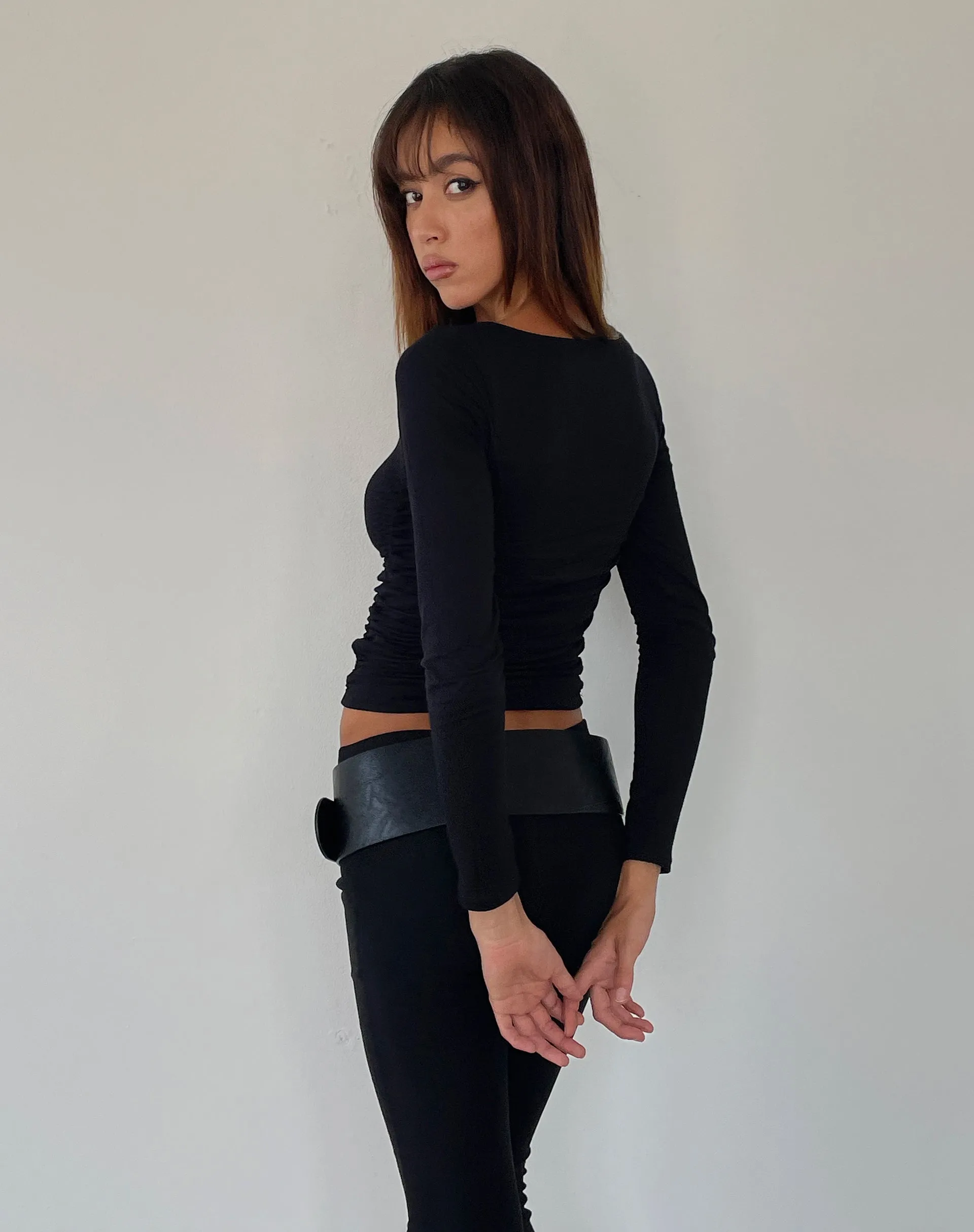 Sunbee Ruched Asymmetric Long Sleeve Top in Black