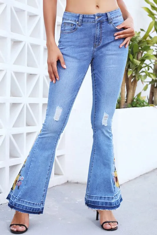 Sunflower Summer Embroidered Denim Skinny Jeans - Blue