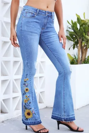 Sunflower Summer Embroidered Denim Skinny Jeans - Blue