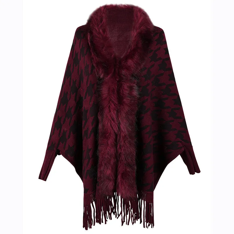 Tassel Cloak Houndstooth Fur Collar