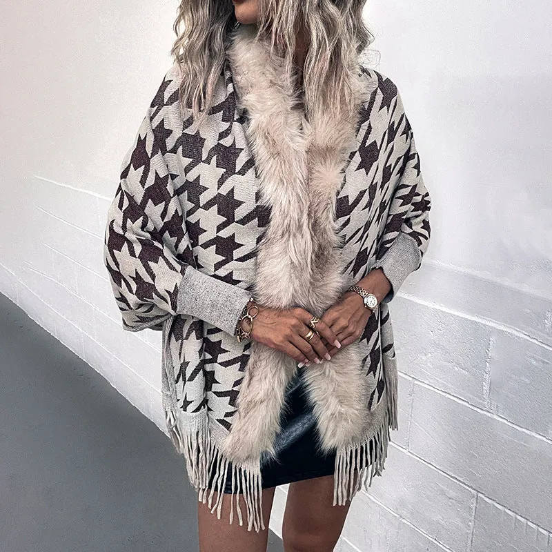 Tassel Cloak Houndstooth Fur Collar