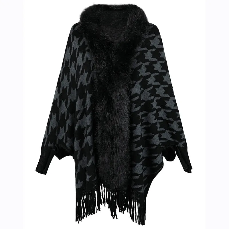 Tassel Cloak Houndstooth Fur Collar