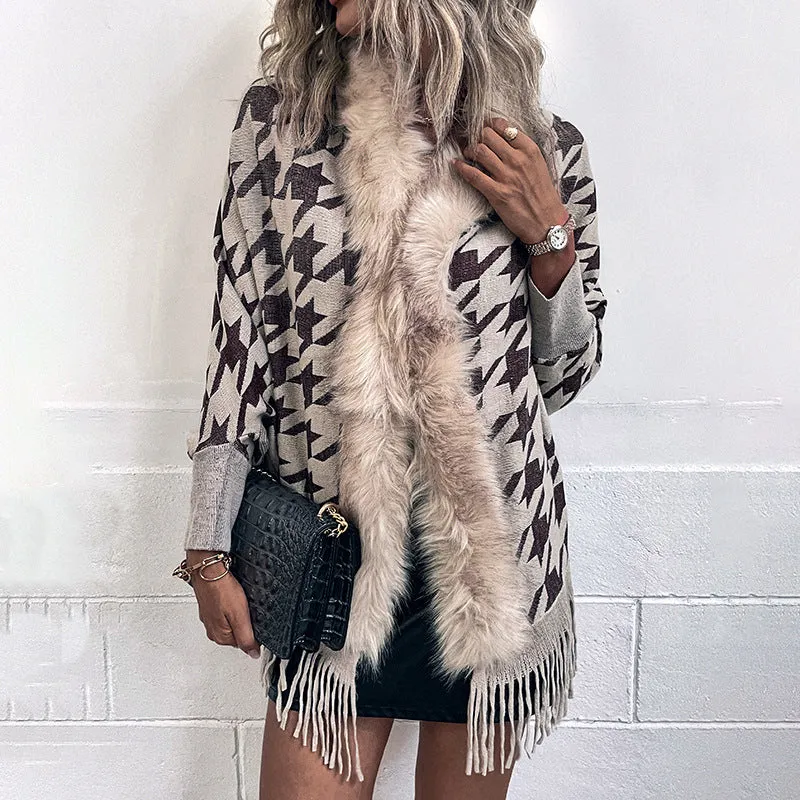 Tassel Cloak Houndstooth Fur Collar