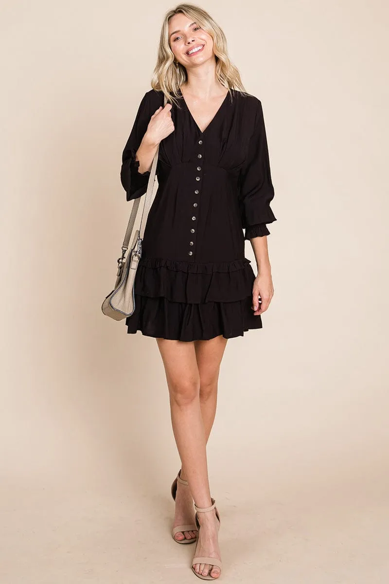 Tiered Hem Button Down Smocked Sleeve Dress