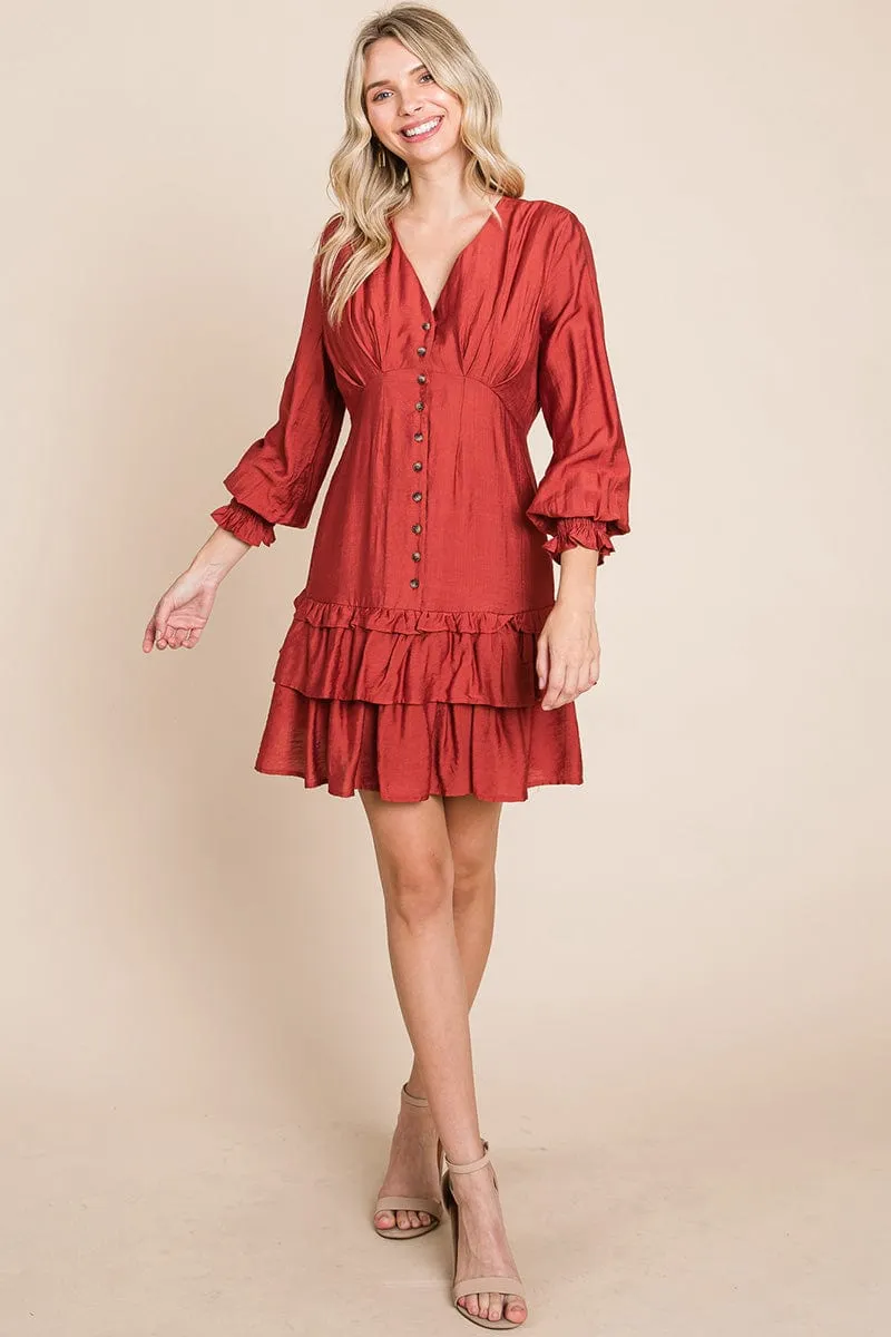 Tiered Hem Button Down Smocked Sleeve Dress