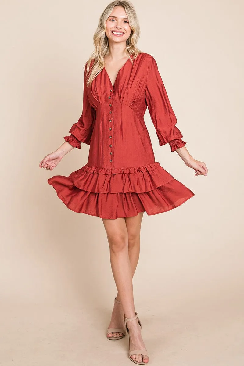 Tiered Hem Button Down Smocked Sleeve Dress