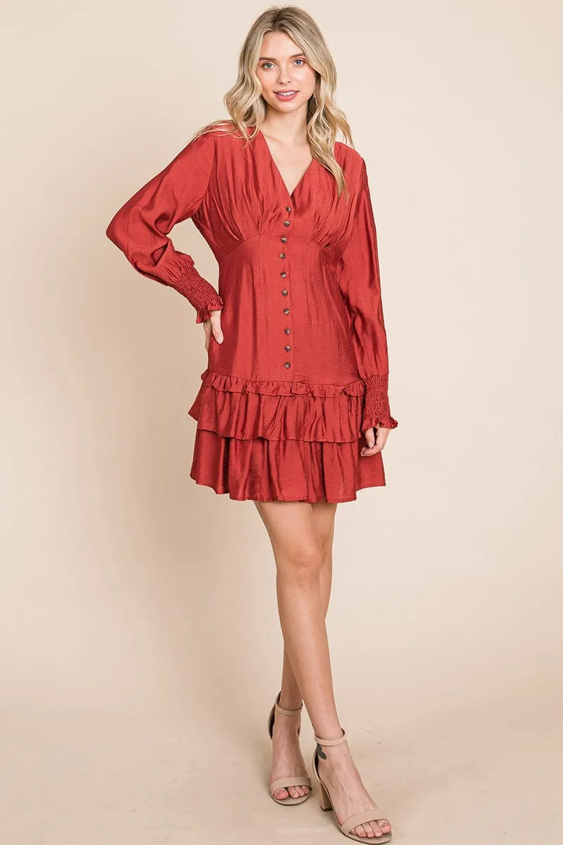 Tiered Hem Button Down Smocked Sleeve Dress