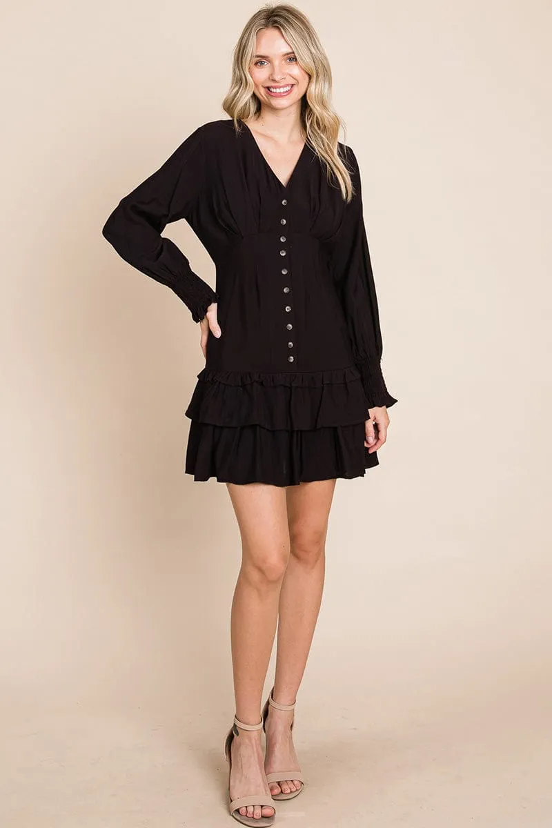 Tiered Hem Button Down Smocked Sleeve Dress