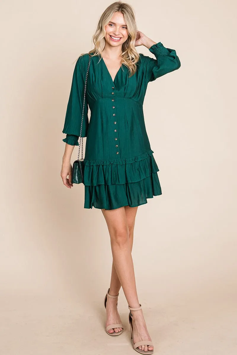 Tiered Hem Button Down Smocked Sleeve Dress