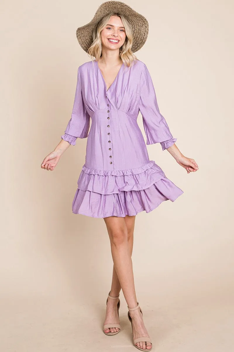 Tiered Hem Button Down Smocked Sleeve Dress