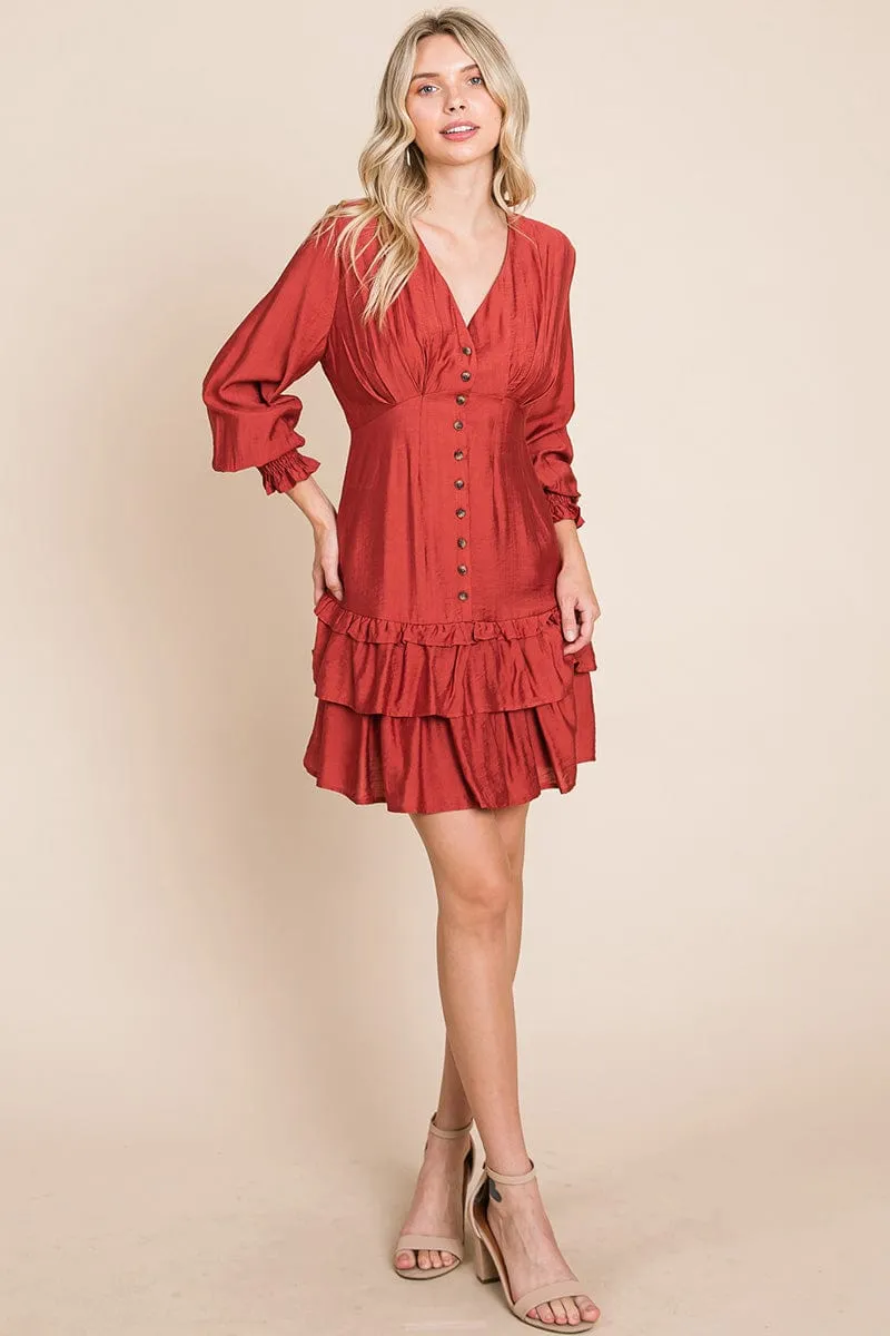 Tiered Hem Button Down Smocked Sleeve Dress