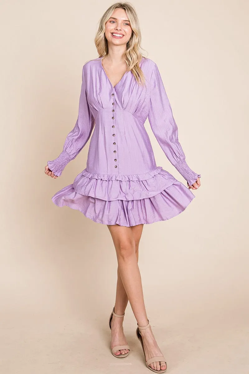 Tiered Hem Button Down Smocked Sleeve Dress