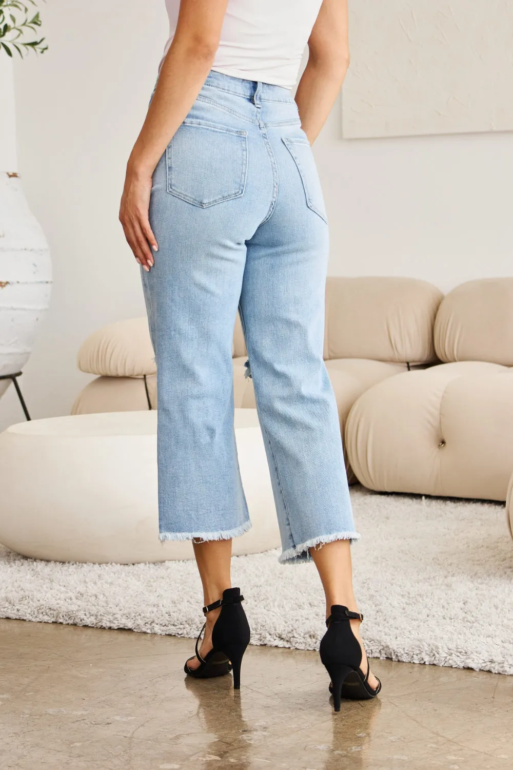 Tummy Control High Waist Raw Hem Distressed Jeans