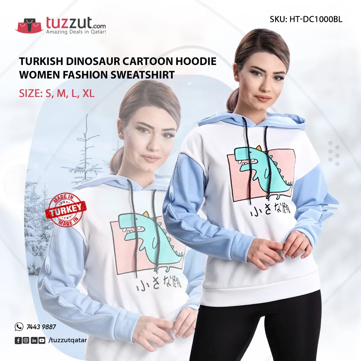 Turkish Dinosaur Cartoon Hoodie Women Fashion Sweatshirt - Blue