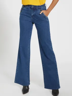 Ultra High-Waisted Button Pocket Detail Wide-Jeans - Dark Wash