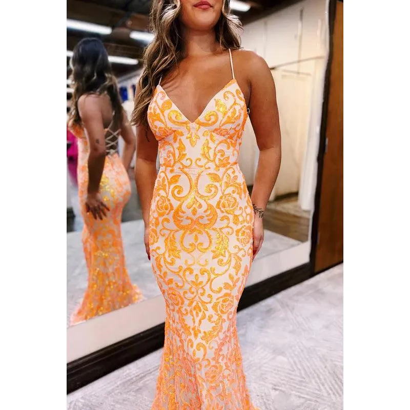 V-neck Spaghetti Criss-Cross Straps Mermaid Party Prom Dress