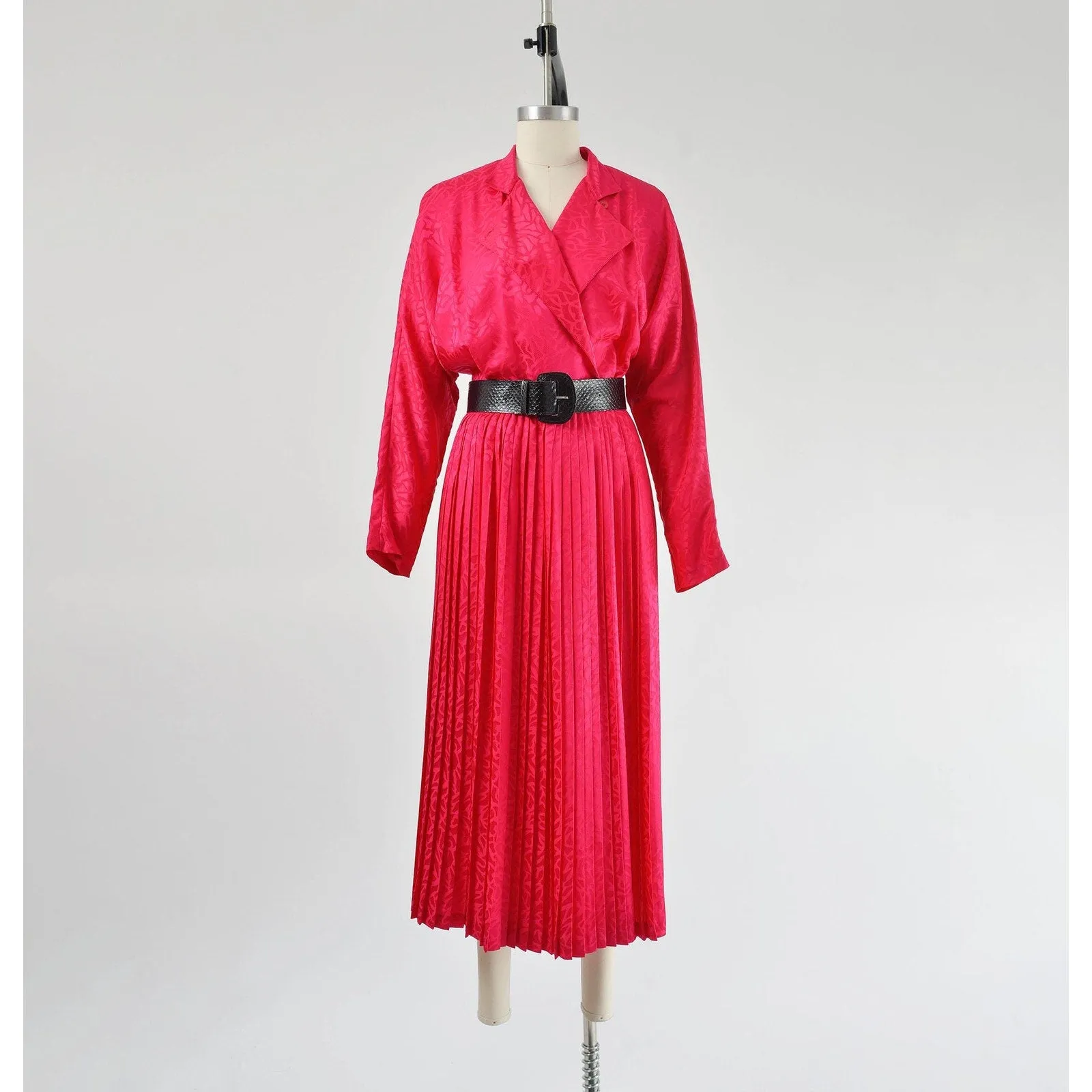 Vintage 80s Pink Silk Satin Dolman Sleeve Ankle Length Pleated Wrap Dress S