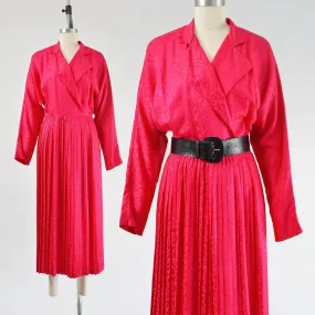 Vintage 80s Pink Silk Satin Dolman Sleeve Ankle Length Pleated Wrap Dress S