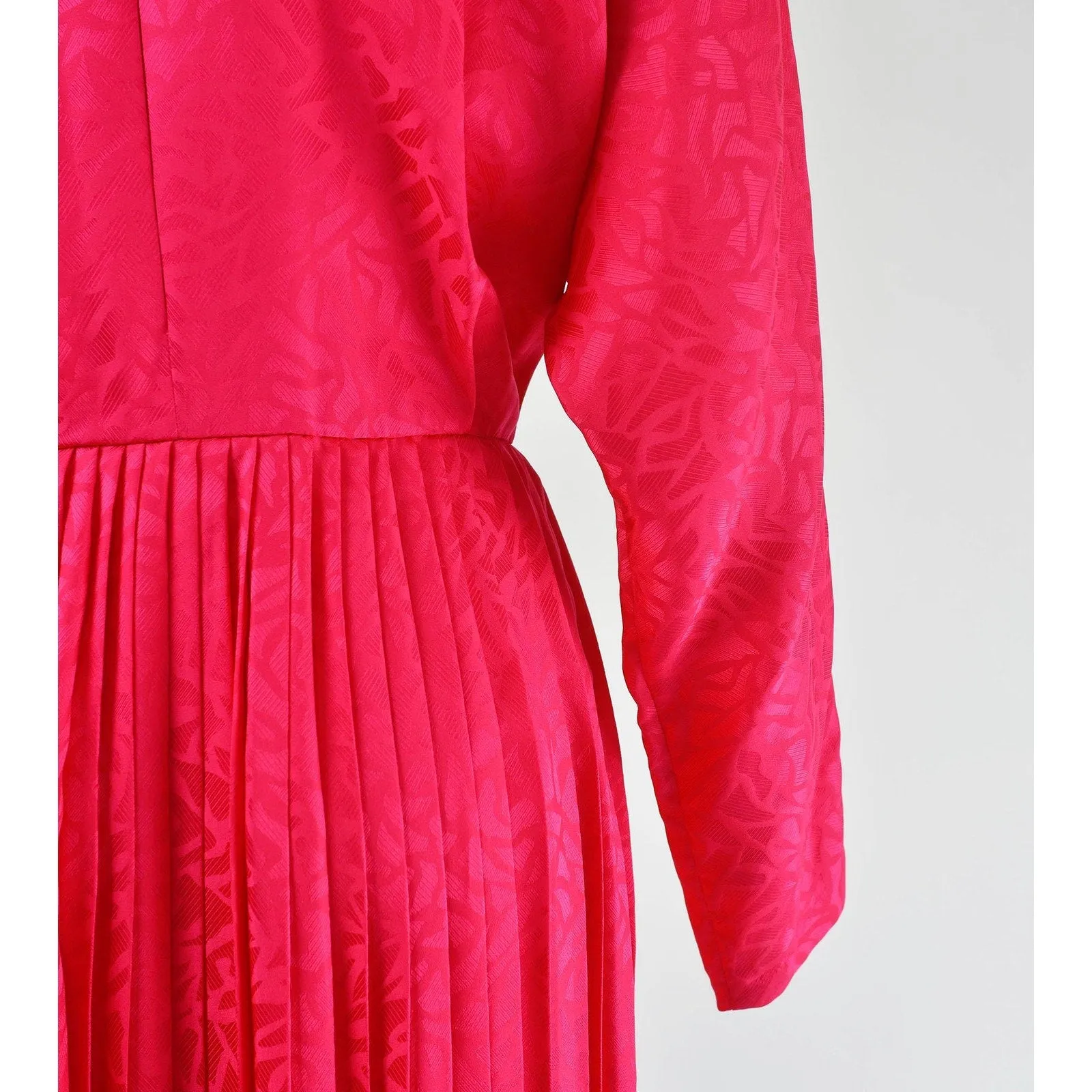 Vintage 80s Pink Silk Satin Dolman Sleeve Ankle Length Pleated Wrap Dress S