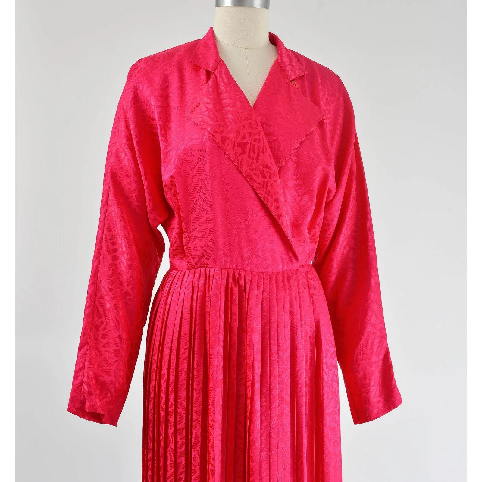 Vintage 80s Pink Silk Satin Dolman Sleeve Ankle Length Pleated Wrap Dress S