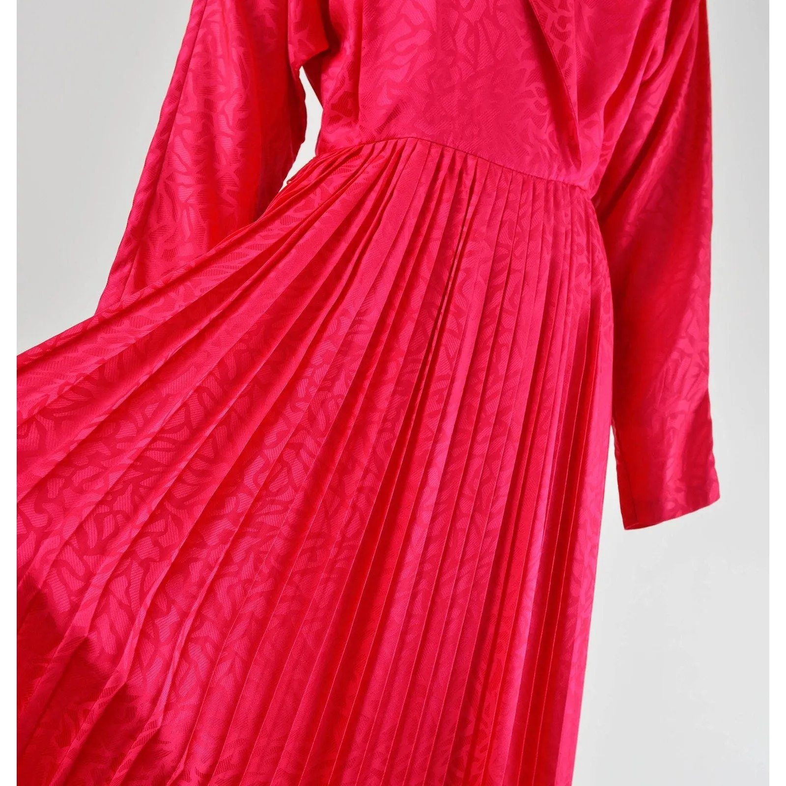 Vintage 80s Pink Silk Satin Dolman Sleeve Ankle Length Pleated Wrap Dress S